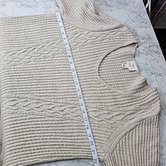 Womens Sz XL Tan Silver Metallic Thread Cable Knit V-neck Tunic Sweater - Picture 9 of 13